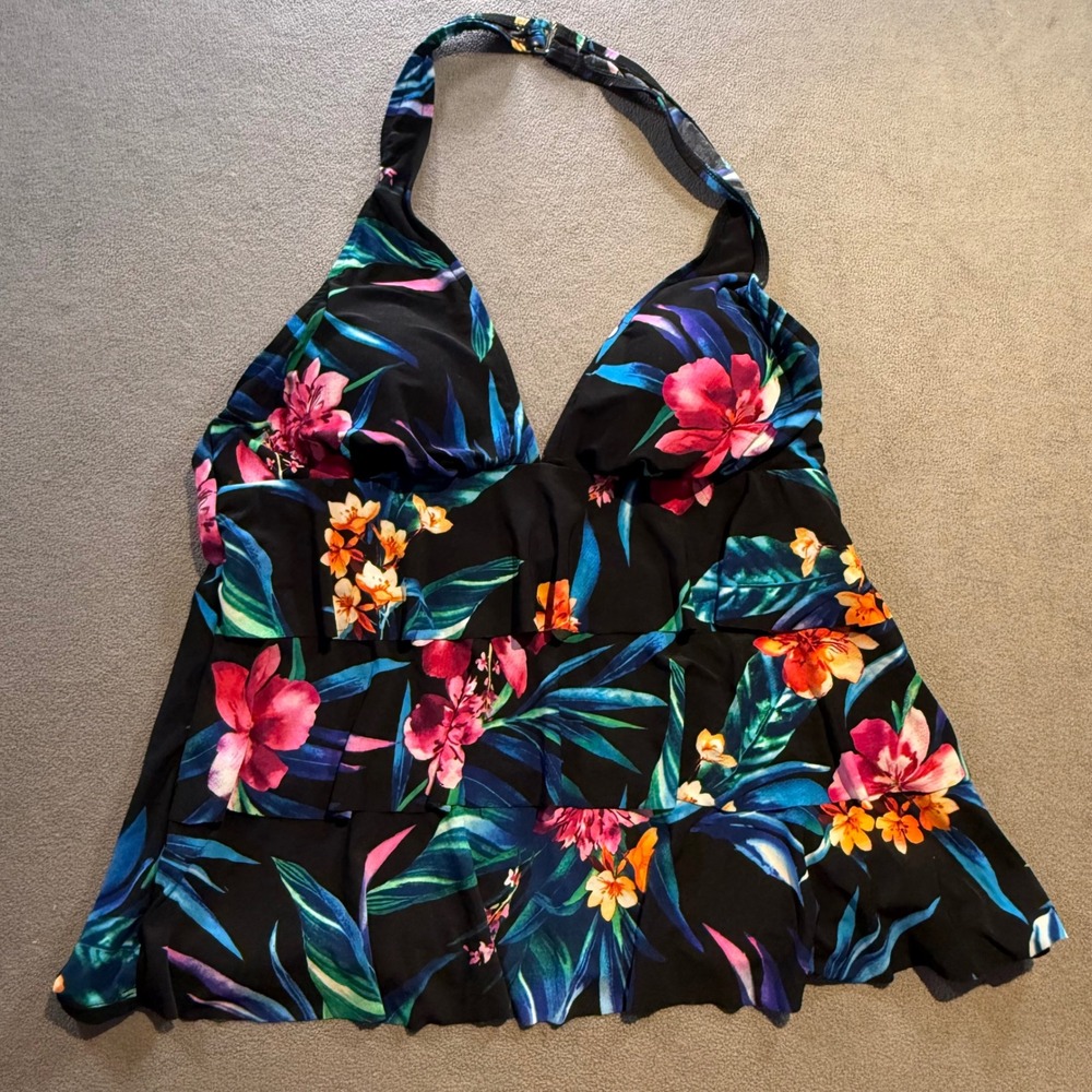 Swim Solutions Floral Ruffle Tankini Top Black Tropical Halter Size 16 NWT